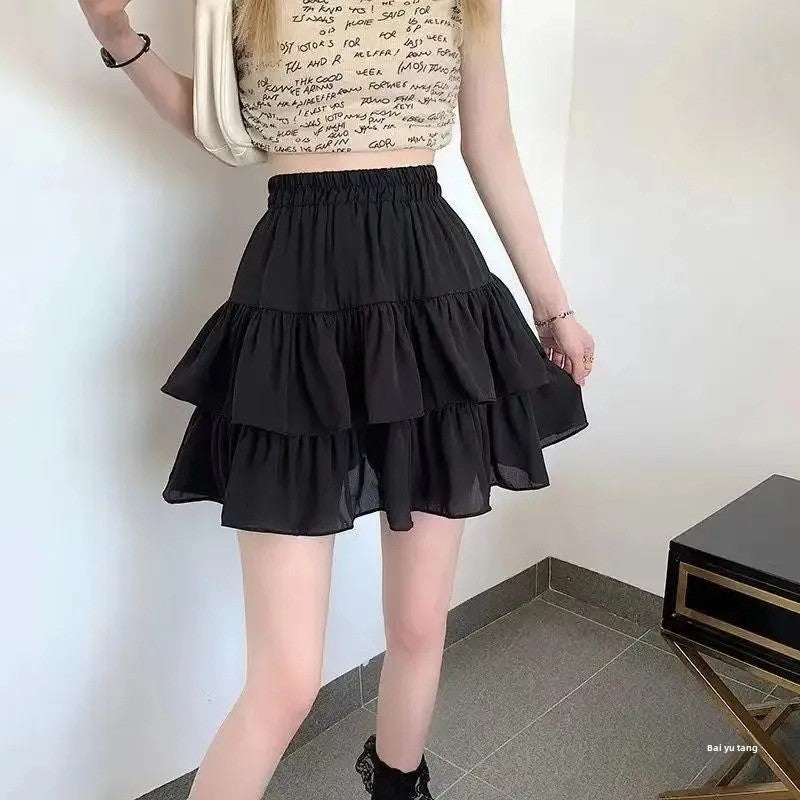 Pleated A-line Skirt White Women Ruffles Sweet Hottie Preppy Style Elastic Elast