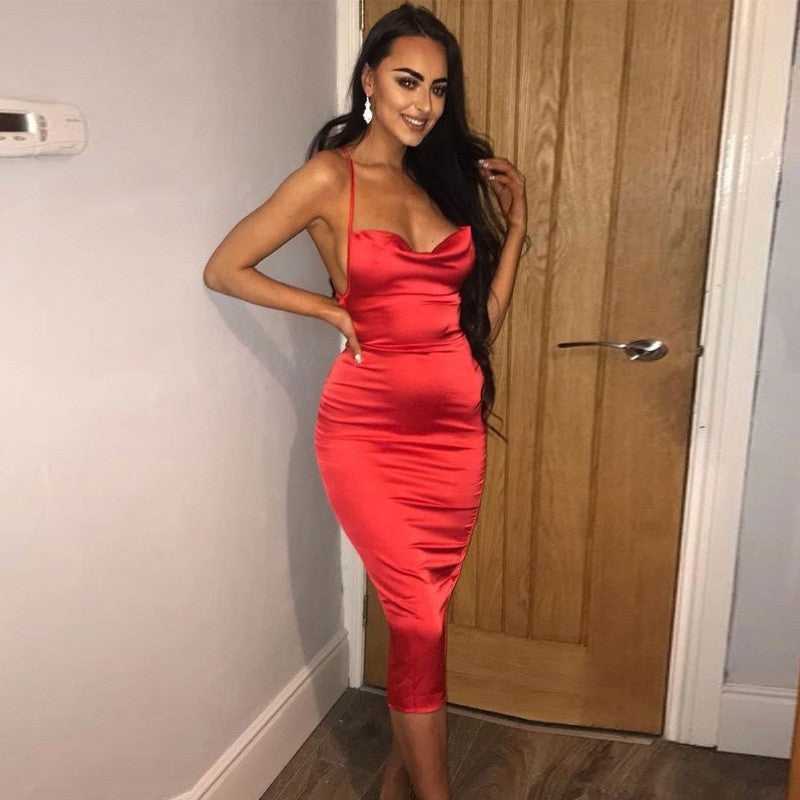 Neon Satin Lace Up Women's Long Midi Dress Light Pink Bodycon Backless Elegant P