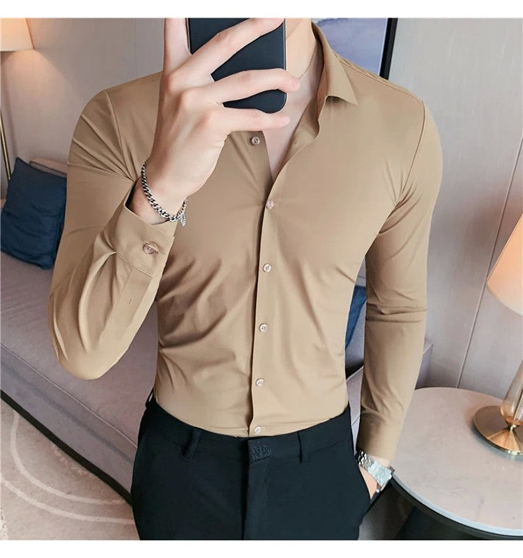 Men's Long Sleeved Elastic Shirt No Ironing Business Wear Professional Workwear Stand Up Collar Shirt Casual Solid Color Shirt