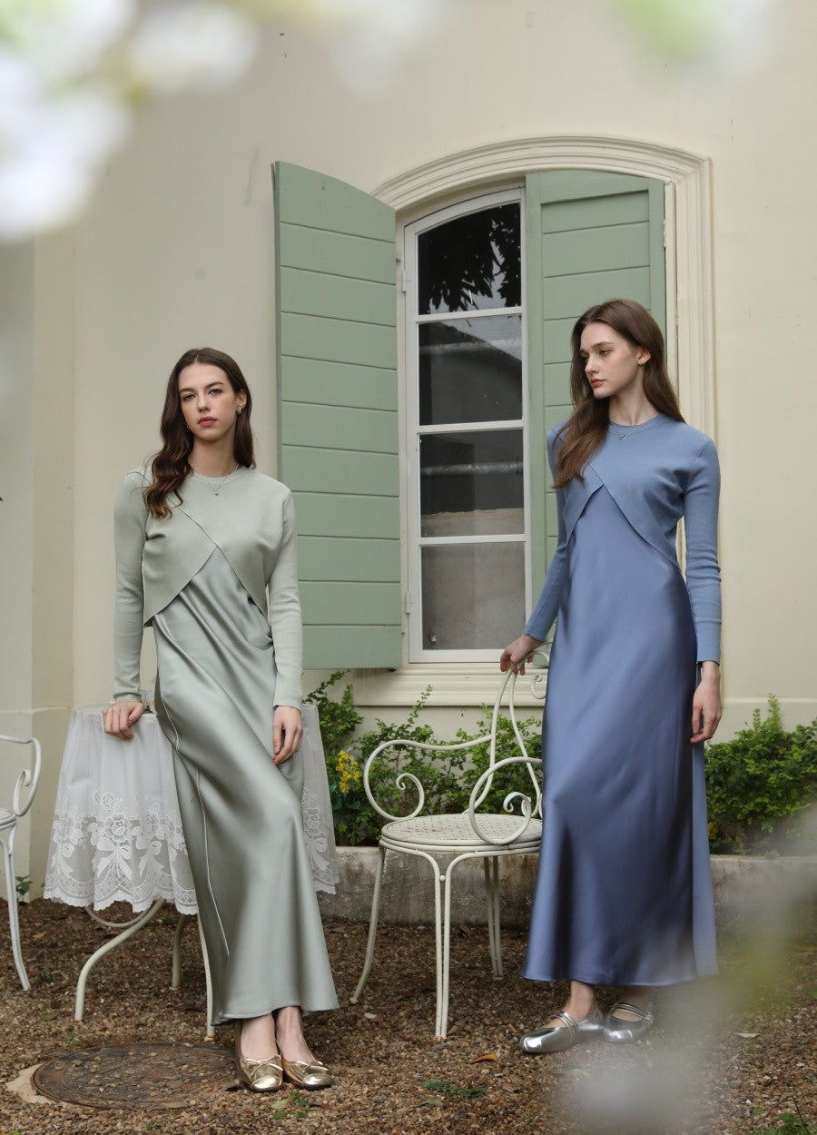AS 2025 spring summer elegance satin dress + knitted top match set maxi floor le