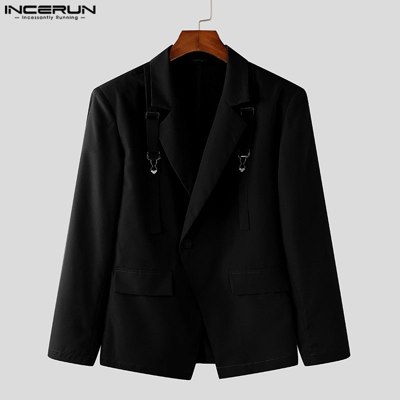 Fashion Well Fitting Tops INCERUN New Men's Deconstruct Metal Buckle Suit Coat Casual Streetwear Male Solid Long Sleeved Blazer