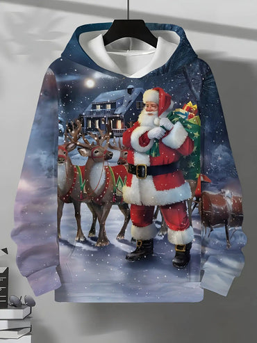 Ultimate Christmas Vibe | Men's Casual Hooded Sweatshirt for Autumn | Santa & Reindeer Design| For Party & Daily Wear