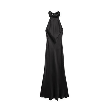 TRZA-Women's Long Satin Halter Dress, Backless, Bow Tied, Back Zipper, Female Dr