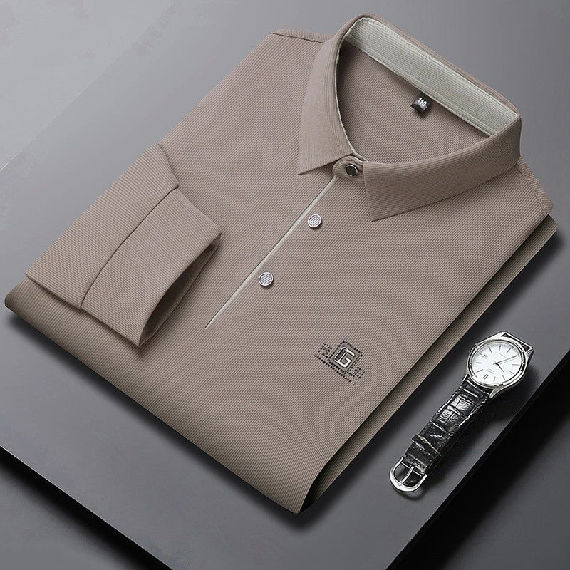 New Men's Business Casual Long Sleeved Shirt with Badge Solid Color Polo Shirt Fashionable Breathable Comfortable Versatile Top