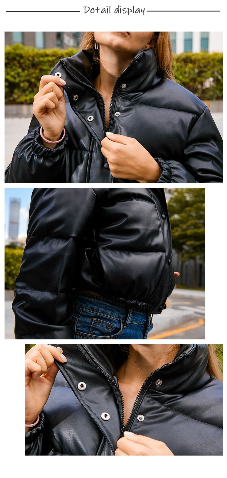 Winter Thick Warm Cropped Puffer Jacket Women Black PU Leather Parkas Elegant Zipper Coat Cotton Padded Punk Outwear 2023