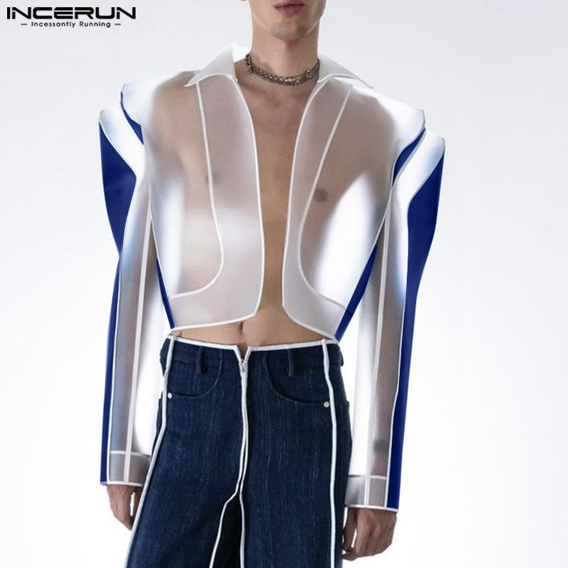 INCERUN Tops American Style Fashion Men Personality Splicing Contrast Color Suit Coat Casual Streetwear Male Long Sleeved Blazer