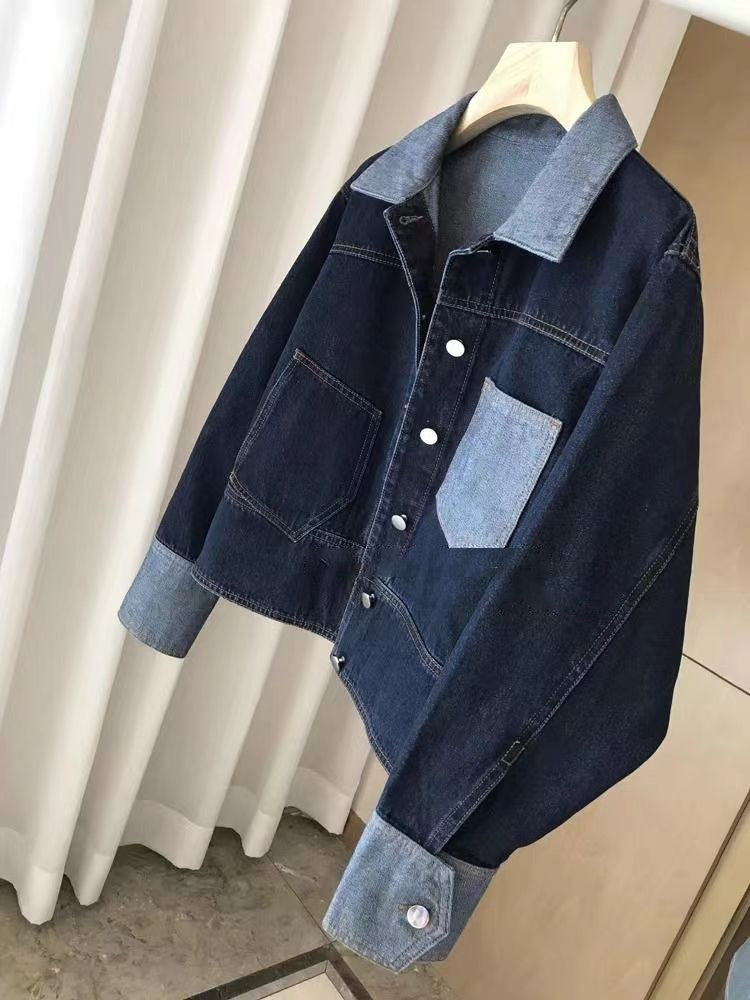 Retro Contrasting Color Laple Denim Jacket for Women 2024 Autumn New Loose Single-breasted Coats Casual Versatile Short Top