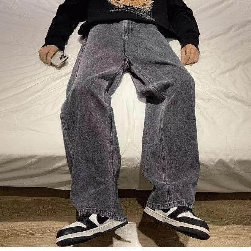 Dragging Streetwear Loose Jeans Men Korean Style Fashion Loose Straight Wide Leg Pant Men's Brand Clothing Black Light Blue Grey