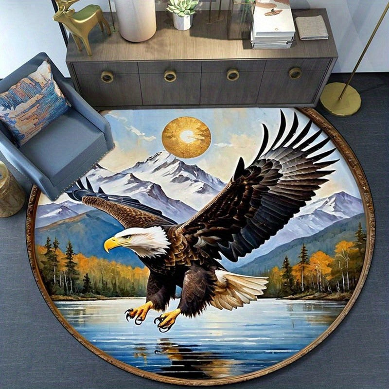 Bald Eagle Mountain Lake Round Rug Nature Wildlife Art Decor Bedroom Living Room Floor Mat Soft Anti Slip Crystal Velvet Rug