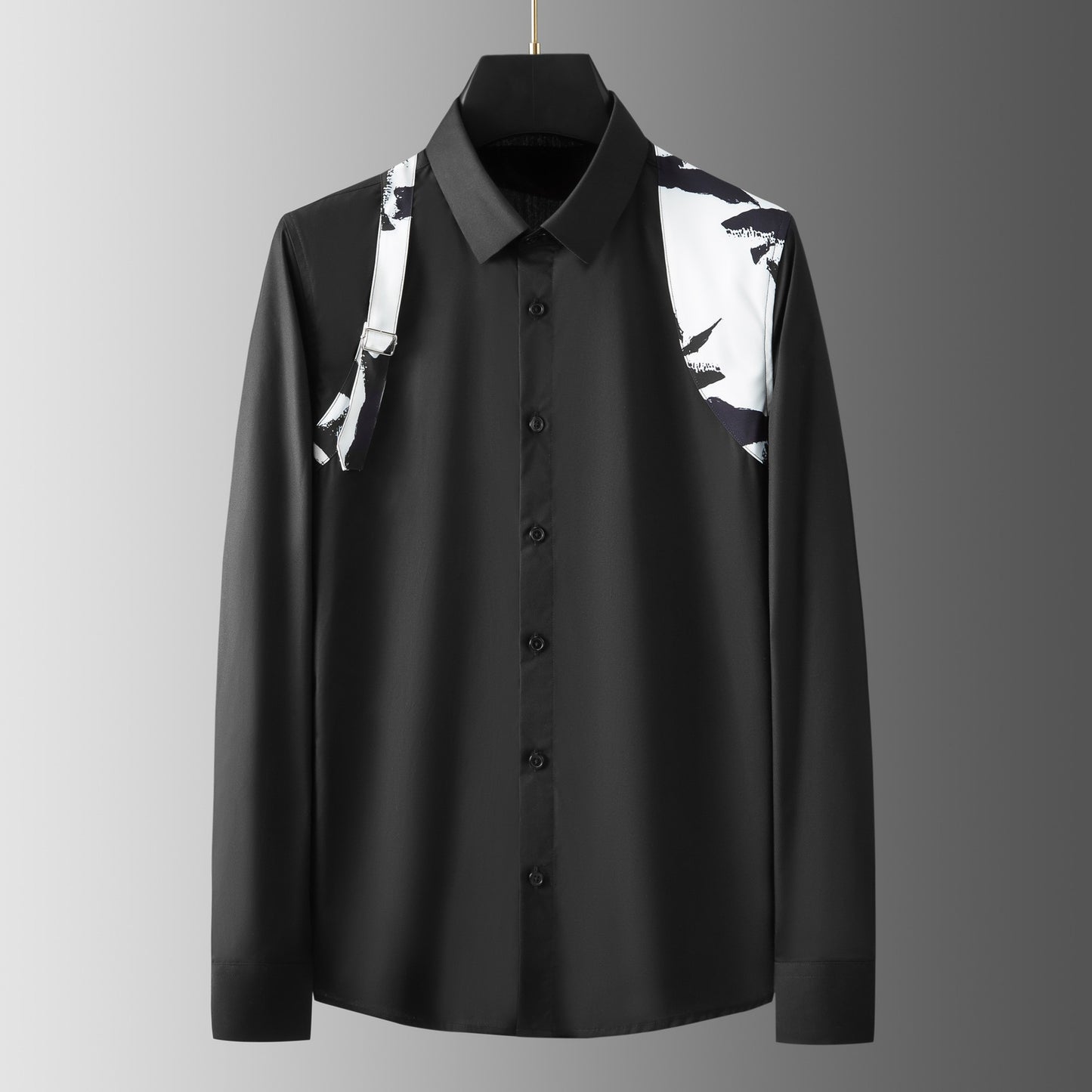 Metal Buckle Camouflage Shoulder Strap Splicing Shirt for Men High End Casual Business Men's Shirt Long Sleeve Social Streetwear