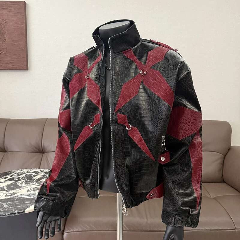 PFHQ Men's PU Leather Jacket 2025 Zipper Stand Collar Contrast Color Korea Fashion Darkwear Male Tops Casual 21E2807