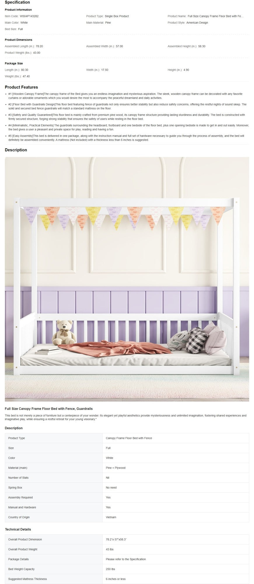 Full-Size Canopy Bed Frame with Safety Rails and Fence - White Finish