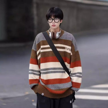 Simple Versatile Trendy Men's Crew Neck Sweater Contrasting Stripes Casual Loose Neutral Style Pullover