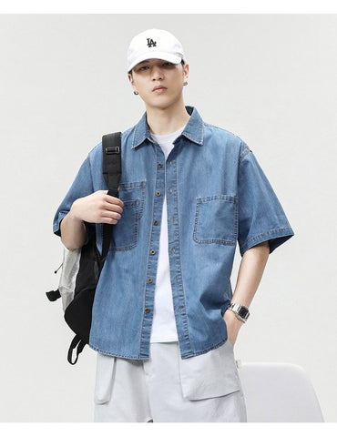 2025 Summer New Men's Casual Loose Shirt Polo Neck Short Sleeve Single Breasted Shirts Men's Vintage Solid Cargo Jeans Tops