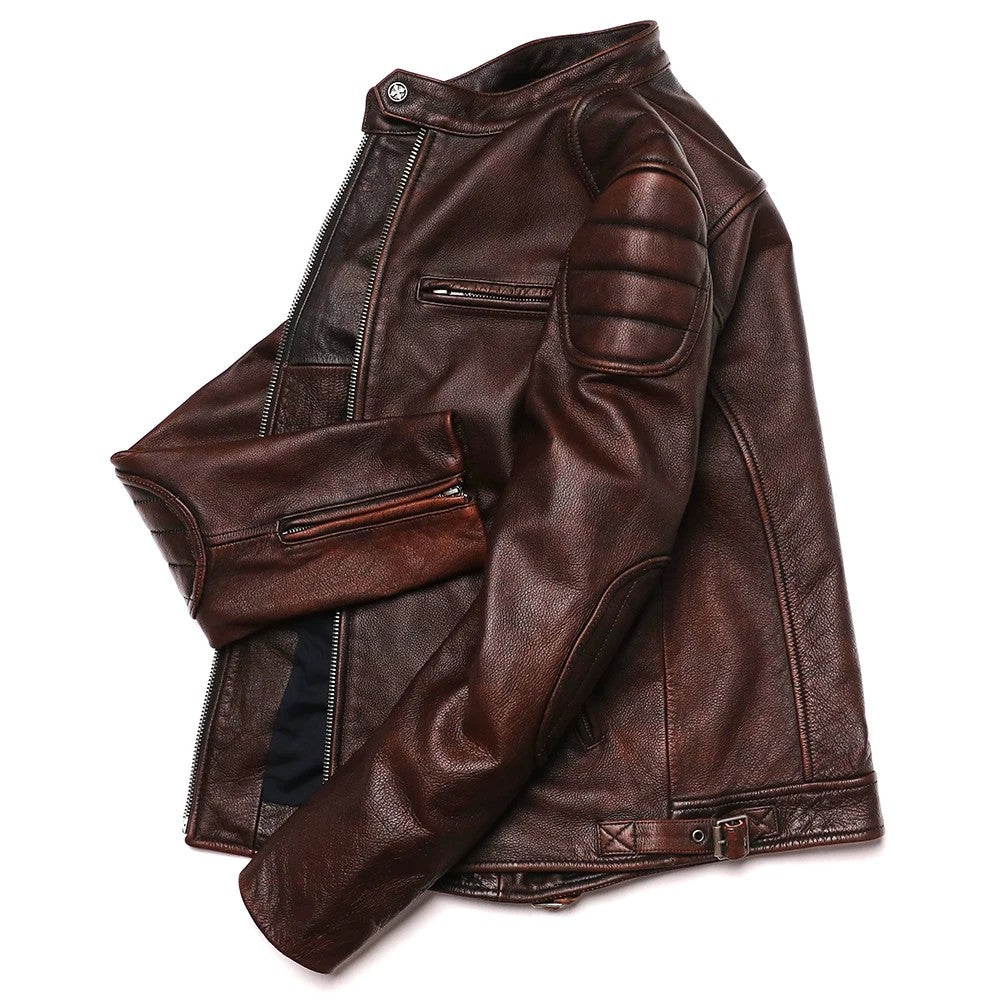 2025 Vintage Brown Genuine Leather Jacket Real Natural Cowhide Men Motorcycle Biker Coat Mens Slim Calf Skin Coat