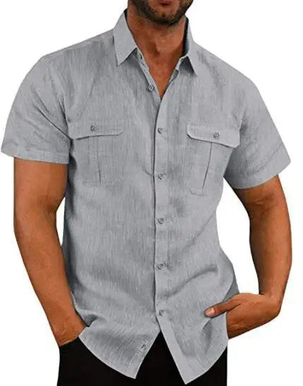 Cotton Linen Hot Sale Men's Short-Sleeved Shirts Summer Solid Color Turn-down collar Casual Beach Style Plus Size