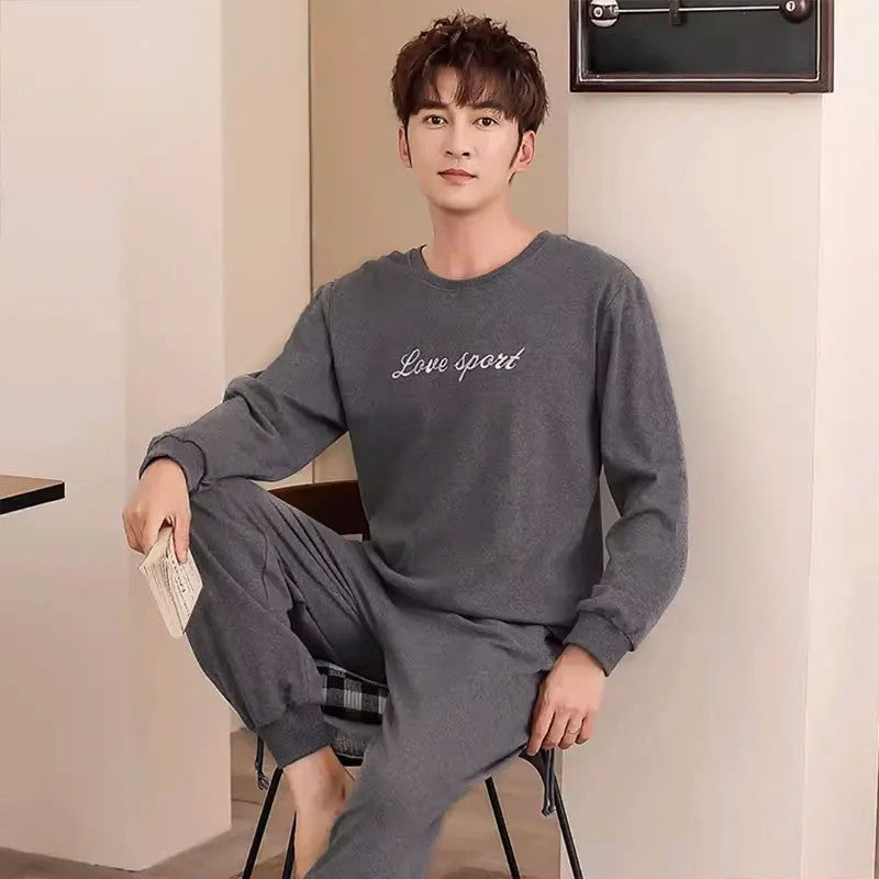 2PCS/Set Men Pajamas Long-Sleeved Korean Version of the Simple Button down Tops and Pants Nightwear Homewear Plaid Sleepwear