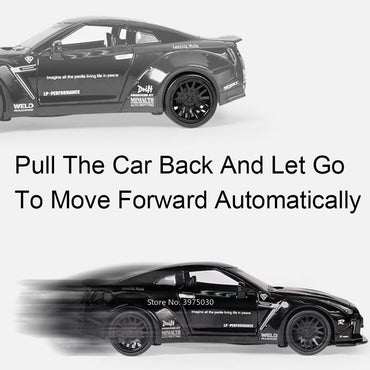 1/32 Escala Liga Fundida Nissan GTR Carro Esportivo Modelo Brinquedo Portas Abertas Fricção Som Música Veículo em Miniatura Presentes para Crianças Coleção