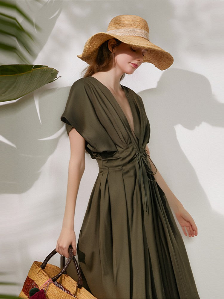 Summer Pleated A-line Midi Dress Women's Casual Lace Up Loose High Waist Solid R