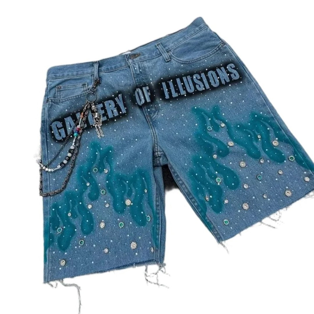 Goth Print Silk Jeans Men Shorts Street Harajuku Hiphop Vintage High Waited Denim Shorts of Men Clothing Casual Loose Pants Mens