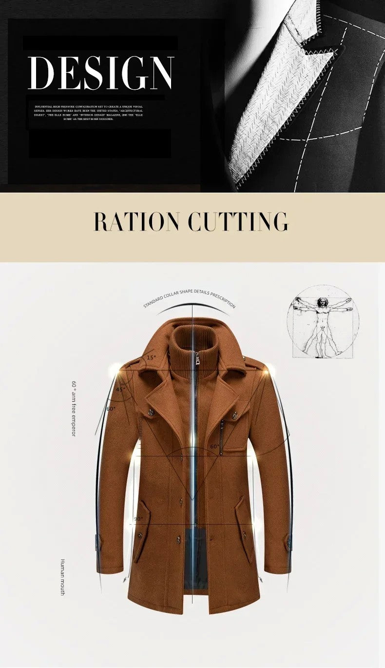 Fashion Middle Long Jacket Male Double Collar Zipper Coat Windbreak Woolen Overcoat Autumn Winter Wool Trench Coats