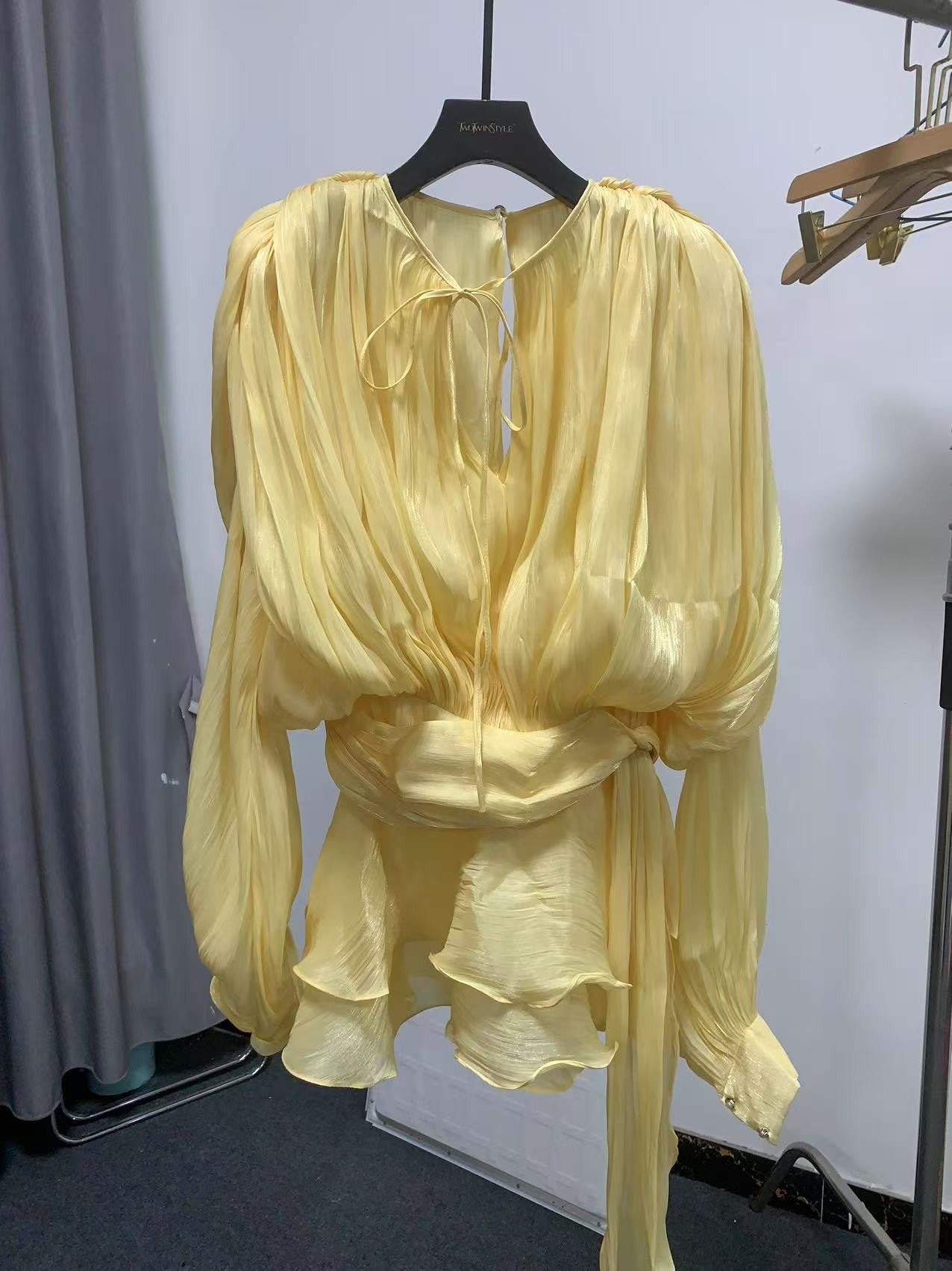 GALCAUR Solid Loose Splicd Lace Up Dresses For Women V Neck Long Sleeves Patchwo