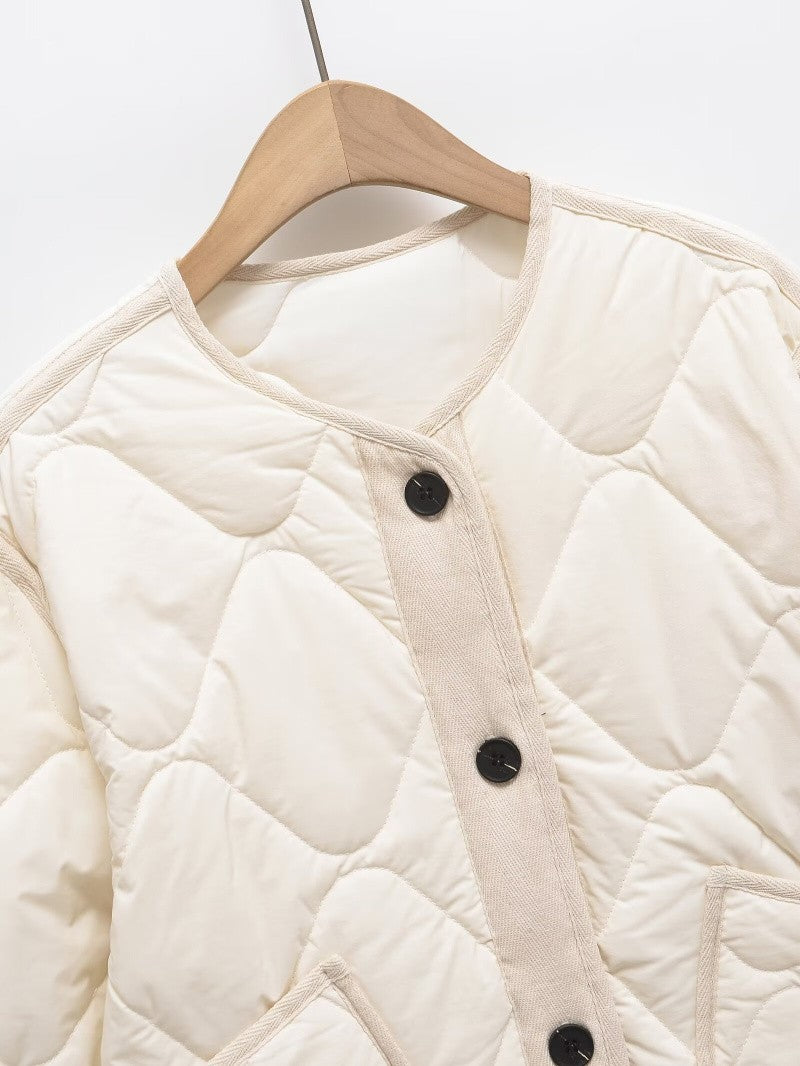 ETJ 2025 TRAF Spring new women's vintage crewneck quilted cotton-padded loose version of quilted casual jacket