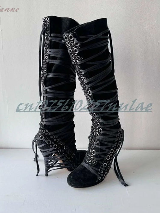 Sexy Hollow Round Rivets Strappy Mid Calf Boots Round Toe Many BFashion Sexy Strappy Women Shoes 2025 Spring Zapatos Para Mujere