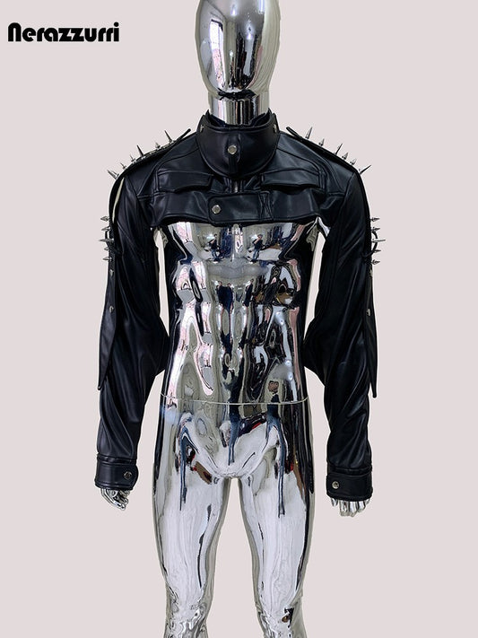 Mauroicardi Cool Black Cropped Pu Leather Jacket Men Rivet Shoulder Pads Zip Up Short Luxury Punk Style Clothes European Fashion