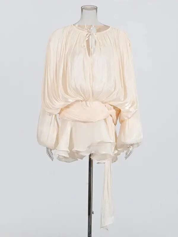 TWOTWINSTYLE Solid Blouse Mini Dresses For Women V Neck Long Sleeve Spliced Lace