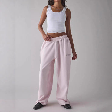 Pantalones Casuales New Pink Embroidered Casual Pants For Women Loose And Comfortable Straight Elastic Waist Trousers 2025 New
