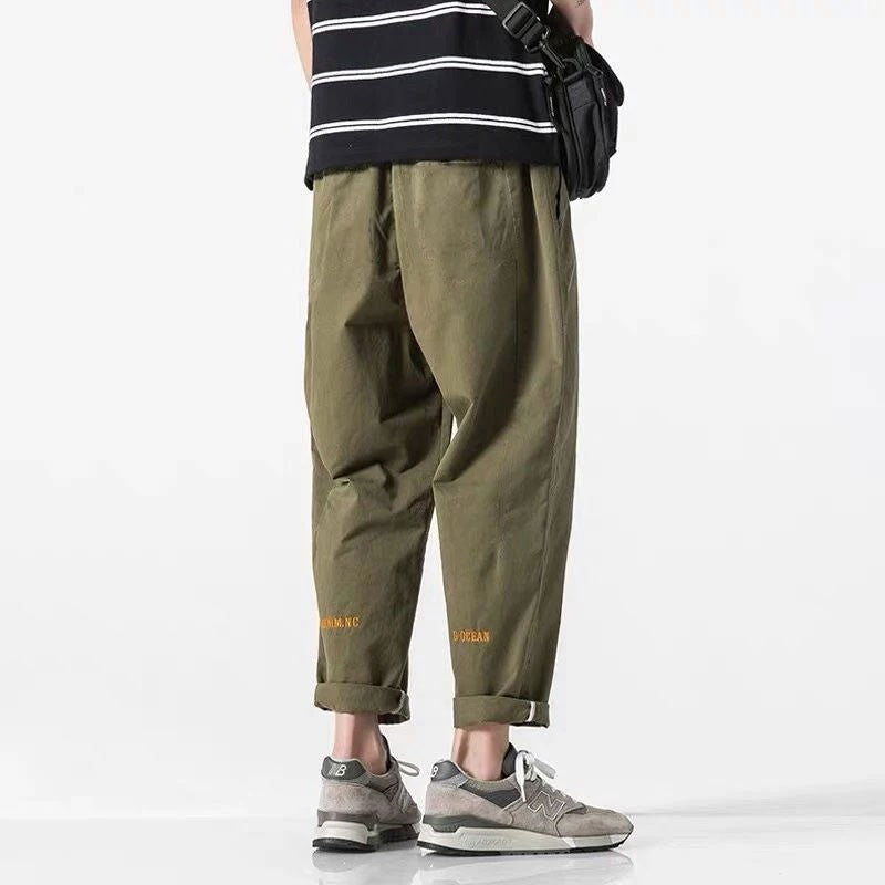 100% Cotton Casual Summer Pants With Belt Men Straight Baggy Ankle-Length Cargo Trousers Wide Leg Sweatpants Male Streetwear