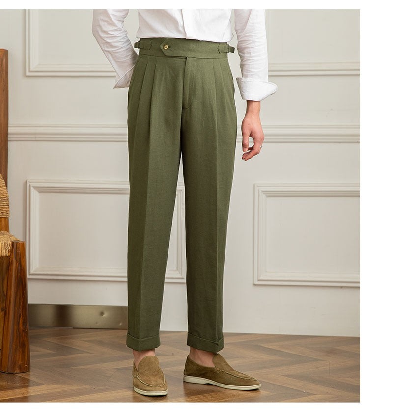 Three Gentleman Summer Naples Casual Straight Pants Men's Commuting Cotton and Linen Comfortable Breathable High Waist Pants