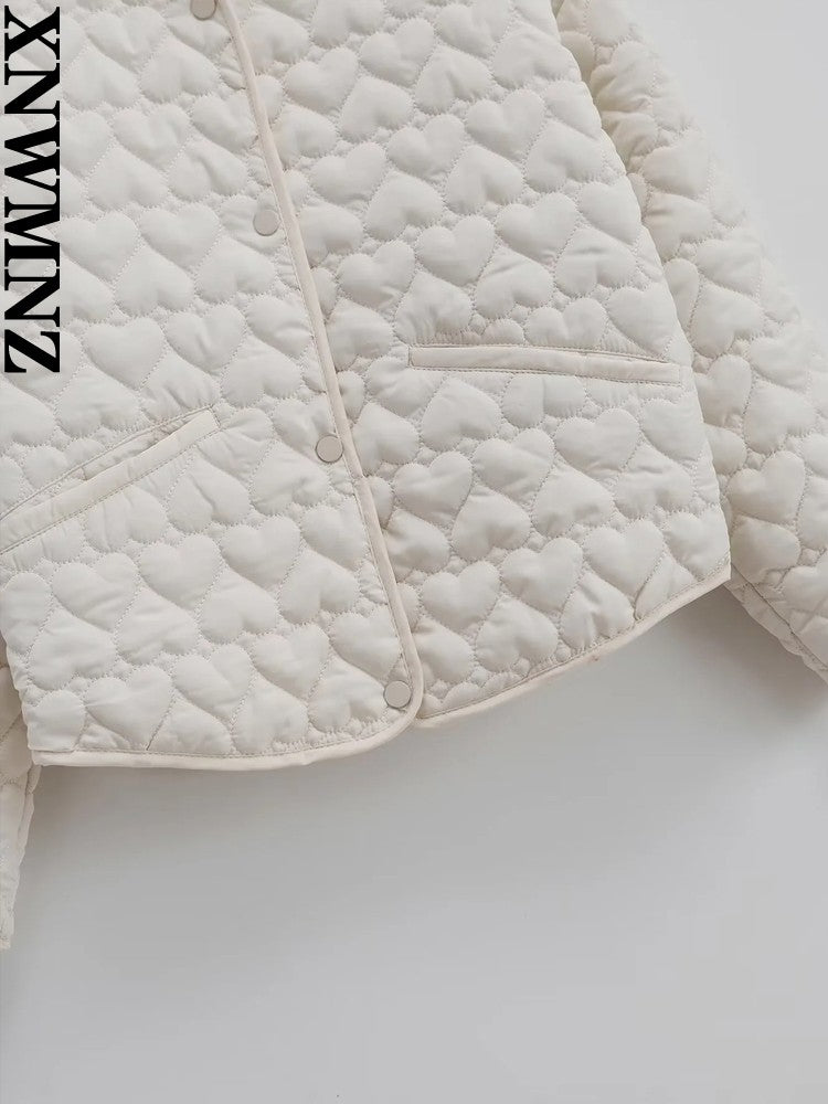 XNWMNZ Women's Fashion 2023 Autumn/Winter Heart Padded Jacket Women O Neck Long Sleeve Pocket Versatile Female Coat