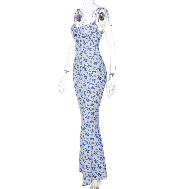 Hugcitar Floral Print Sleeveless Backless Slips Lace Up Maxi Dress Sexy Bodycon