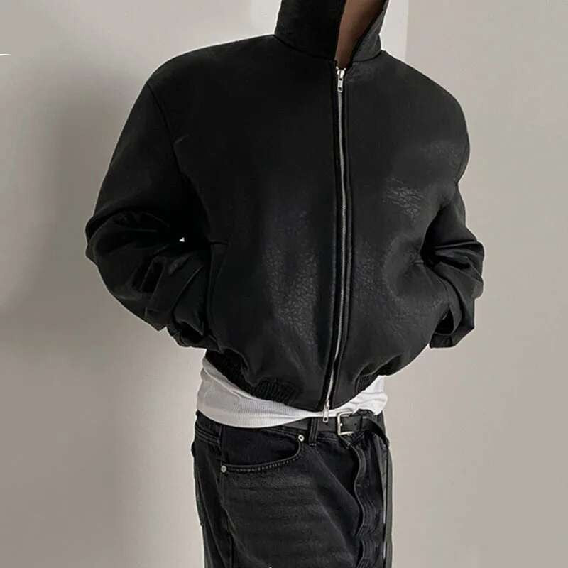 IEFB Short PU Leather Coat Men's Spring Summer Loose Turn-down Collar Coat Korean Style Trend Male Jacket Casual Top 9C5013