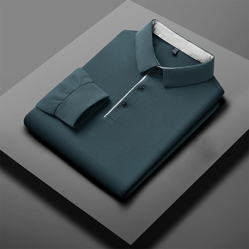 New Men's Business Casual Long Sleeve Solid Color Polo Shirt Fashionable Warm Comfortable Four Seasons Versatile Top