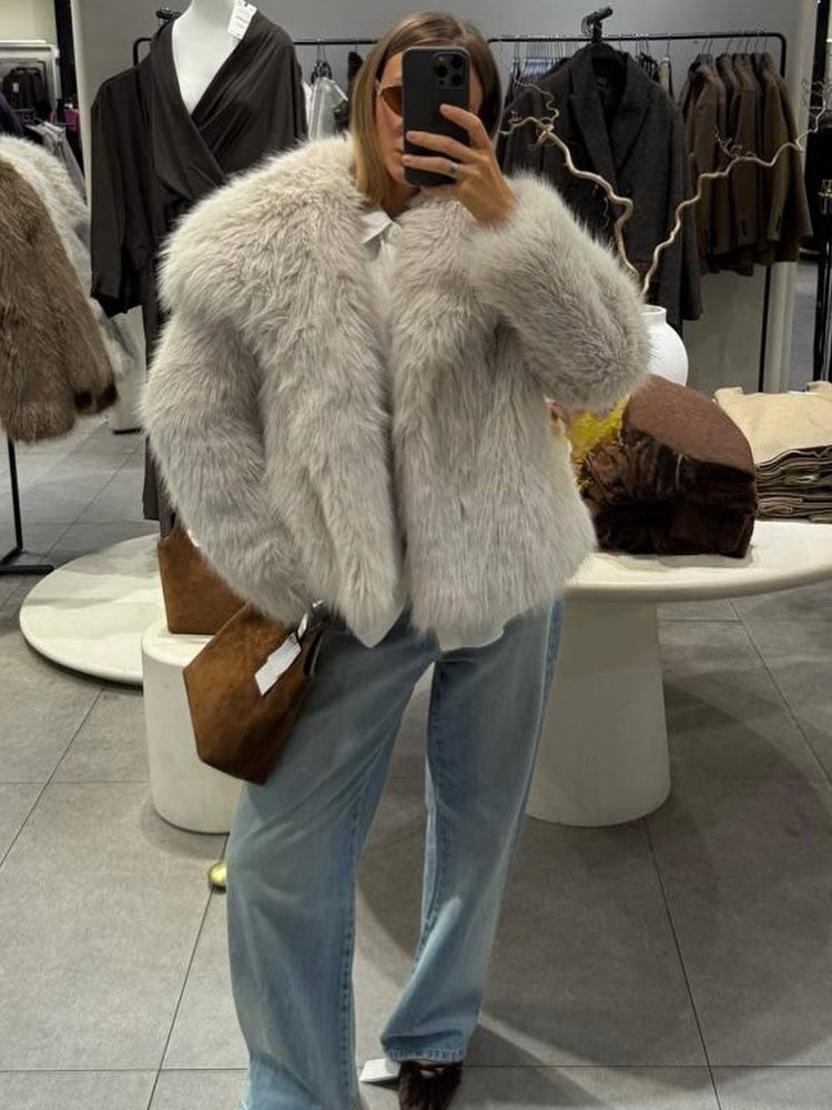 HH 2025 Jaqueta Feminina Curta de Pele Sintética Manga Longa Gola Dobrável Casacos Femininos de Lã Pelúcia Chic Casaco de Pele Feminino