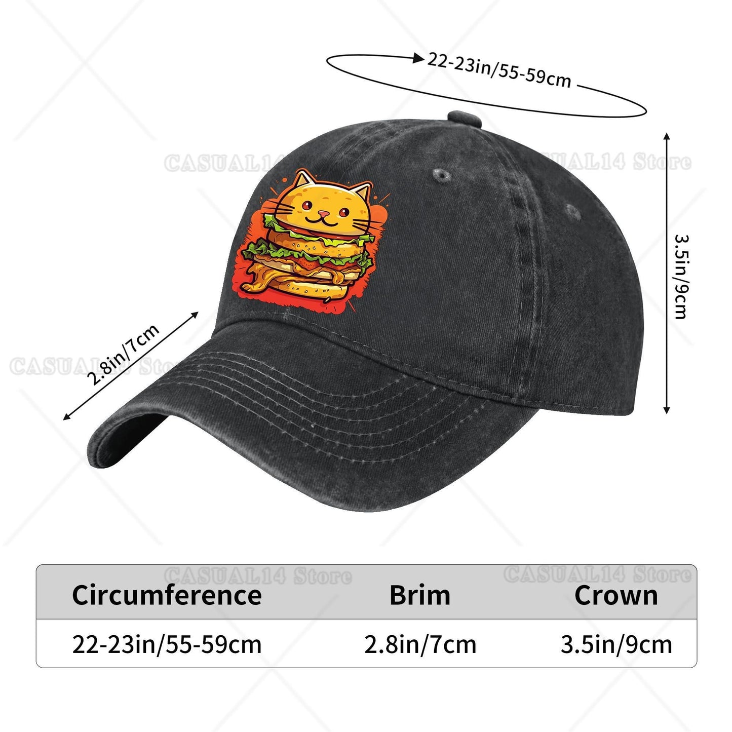 Cat Cheeseburger Vintage Washed Cotton Baseball Caps Men Women Adjustable Unstructured Dad Hat