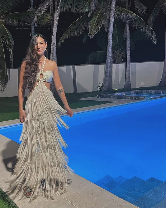 2025 New Tassel Skirt Set Women A Line Skirt High Waist Beach Skirt Crossover Top Summer Beach Holiday Party Bathing Suit