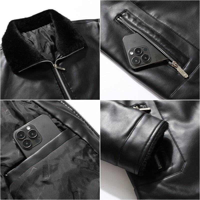 Leather Jacket Men Coats Autumn Fur Collar Luxury Fleece Black Oversized 6XL 7XL 8XL Plus Size Warm Winter Comfort High Quality