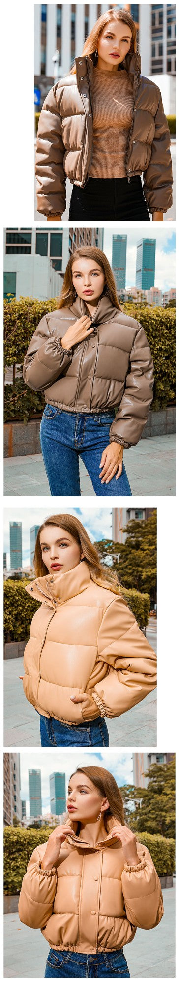Winter Thick Warm Cropped Puffer Jacket Women Black PU Leather Parkas Elegant Zipper Coat Cotton Padded Punk Outwear 2023