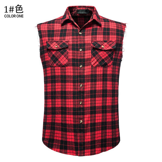 Men's Casual Flannel Plaid Sleeveless Shirt New Double Pocket Cowboy Button Down Shirts Men Cotton Plus Size Vest Checkered Top