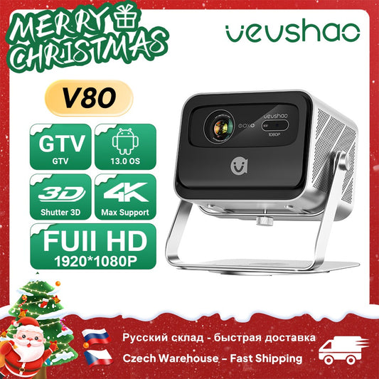 VEVSHAO V80 4K Projector Full HD1080P 2200 Anis Lumens Android 11.0 WiFi 6 Video Home Movie Theater Projectors with Base Stand