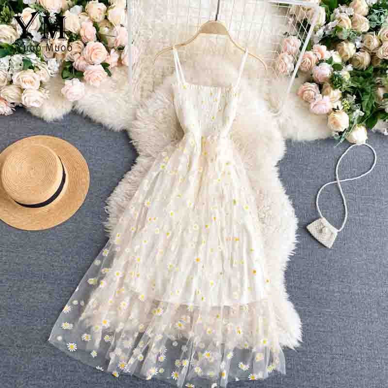 YuooMuoo Korean Fashion Daisy Flower Print Mesh Party Dress Summer Two Layers Sp