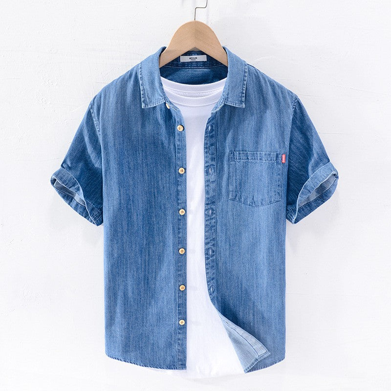 Men Denim Shirt , Thin Summer Half Sleeve Casual Top, Loose Trendy Handsome Short Sleeve ?Camping Denim Short Sleeve Jacket