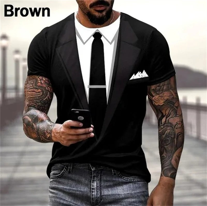 Mens Summer Fashion 3D Printed T-shirts Funny Fake Suit Cosplay Short Sleeve Cas