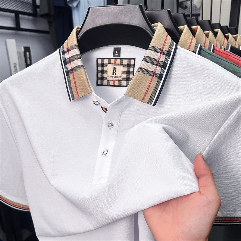 Luxury brand short sleeve polo shirt men's summer new silk cotton breathable fashion top casual business plaid lapel T-shirt