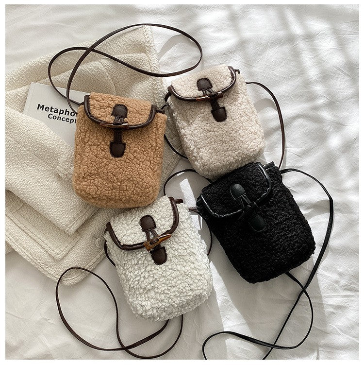 Fashion Winter Lambswool Phone Bag Sweet Lovely Portable Women Wallets Square Purse Faux Fur Plush Shoulder Bags Purses Handbags