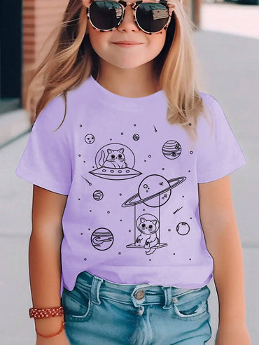 Camiseta Estampada Gato Espacial para Crianças Meninas Meninos Moda Casual Blusas Espaciais Menina Menino Camiseta Gato Fofo Roupa Infantil